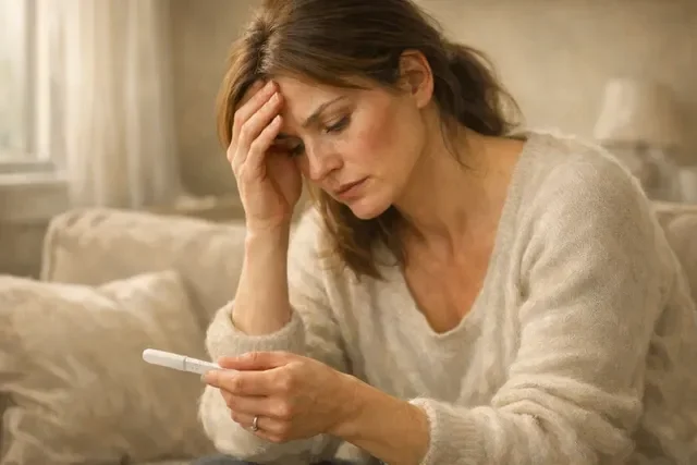 Женщина на диване держит тест на беременность и переживает
