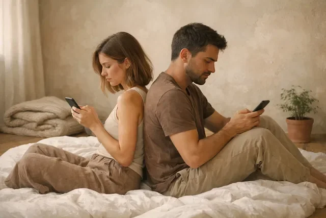 Пара сидит спиной друг к другу с телефонами и чувствует дистанцию