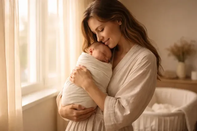 Мама держит новорождённого у окна в тёплом утреннем свете