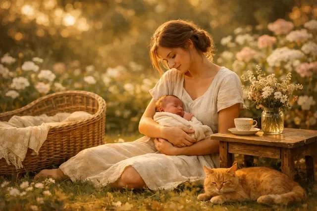 Мама с младенцем в саду среди цветов в тёплый вечерний свет