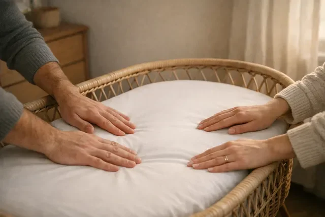 Безопасный сон новорождённого: пустая люлька с натянутой простынёй, мягкий ночник и спокойная домашняя атмосфера