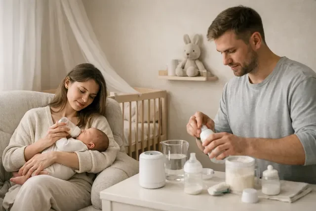 Кормление новорождённого: спокойная домашняя сцена, мама держит малыша у груди, рядом подготовленная чистая бутылочка без текста и мерных шкал