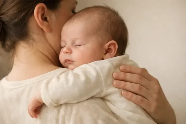 Мягкая помощь при газиках: спокойный нейтральный домашний кадр, ребёнок на руках у родителя в позе для отрыжки