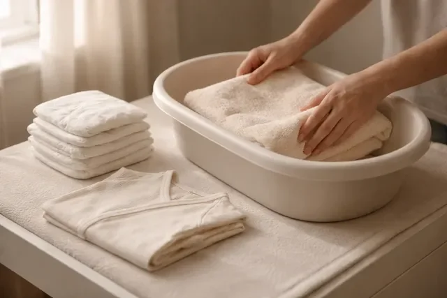 Уход и гигиена новорождённого: мягкая нейтральная домашняя сцена, аккуратные руки родителя готовят купание и чистую одежду