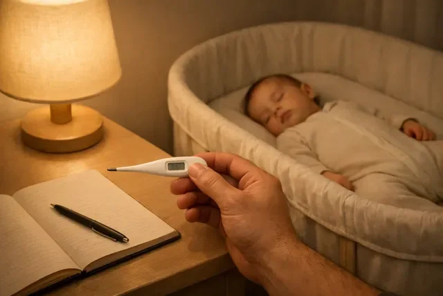 Температура и простуда у младенца: спокойная нейтральная домашняя сцена, термометр в руке родителя и спящий малыш в люльке