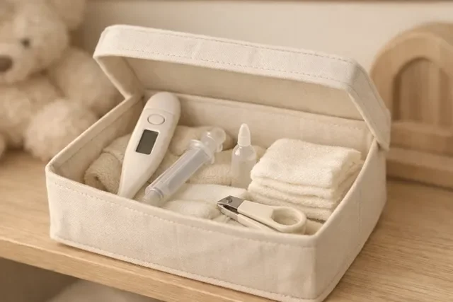 Аптечка новорождённого: нейтральная тёплая домашняя сцена, аккуратная коробка с термометром и мерным шприцем без надписей