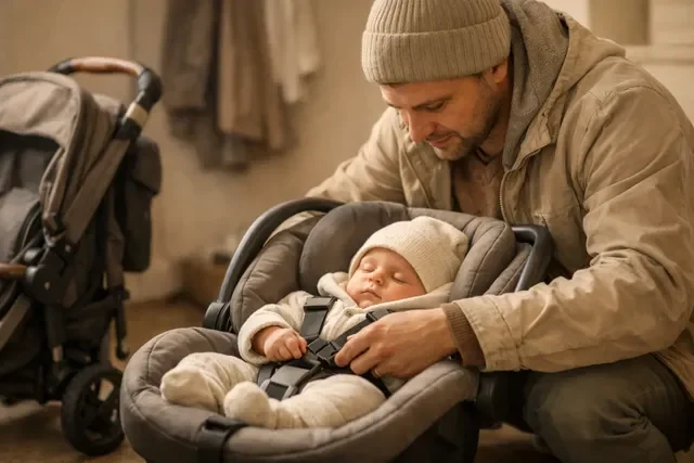 Прогулки и безопасность с новорождённым: родитель пристёгивает малыша в автокресле, рядом сложенная коляска, тёплый нейтральный интерьер