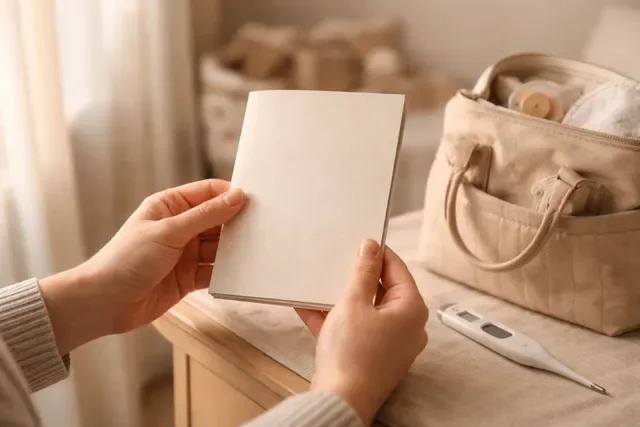 Прививки в первый год: спокойная нейтральная домашняя сцена, мама держит карту осмотров и термометр рядом с детской сумкой Прививки в первый год: спокойная нейтральная домашняя сцена, мама держит карту осмотров и термометр рядом с детской сумкой