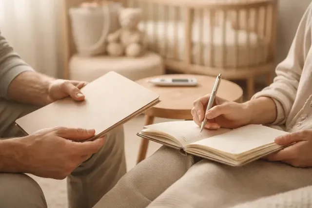 Врачи и осмотры в первый год: нейтральная тёплая сцена дома, мама держит папку с документами и блокнот для вопросов