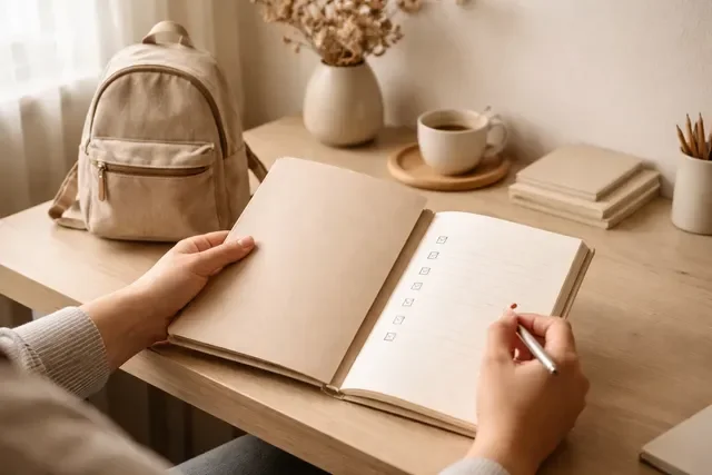 Здоровье перед садом и школой: родитель с папкой документов и списком вопросов, спокойная нейтральная домашняя сцена