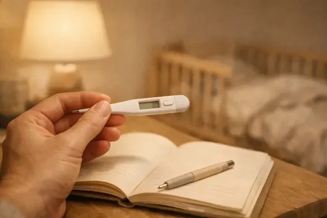 Простуда и температура у ребёнка: тёплая нейтральная домашняя сцена, термометр и блокнот в руках родителя, спокойный вечер