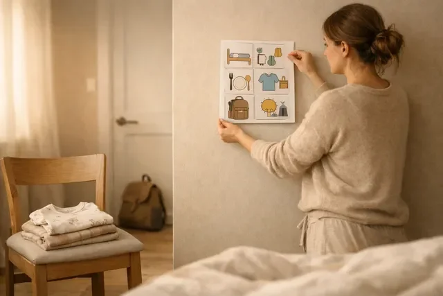 Сон и режим ребёнка: нейтральная тёплая сцена утра, мягкий свет, визуальный план и спокойные сборы без суеты