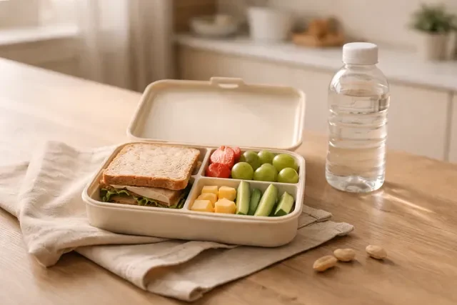 Питание и аппетит ребёнка: нейтральная тёплая сцена, ланчбокс на столе и простые перекусы без надписей