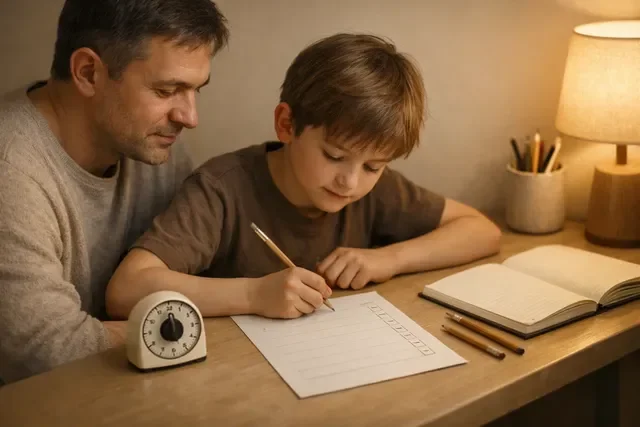 Учёба и мотивация: спокойный домашний стол, таймер и план уроков без текста, мягкий тёплый свет