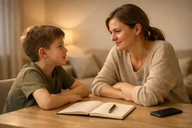 Психология и безопасность ребёнка: спокойный разговор дома, блокнот с планом и телефон вне доступа, тёплая нейтральная атмосфера