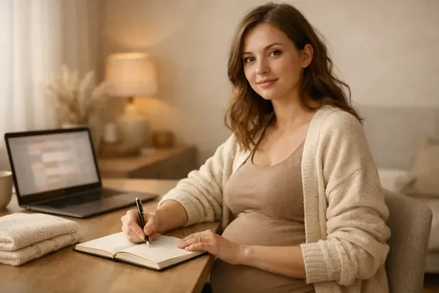 Как выбрать курсы для беременных: будущая мама с блокнотом и планом занятий, спокойная нейтральная домашняя сцена