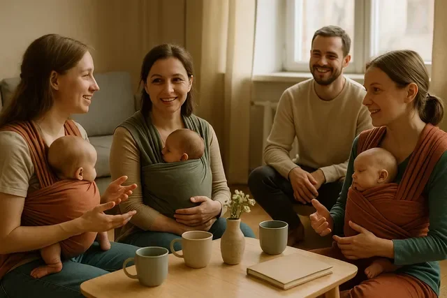 Курсы подготовки к родам: мама с блокнотом читает отзывы и отмечает чек-лист, тёплая нейтральная домашняя сцена