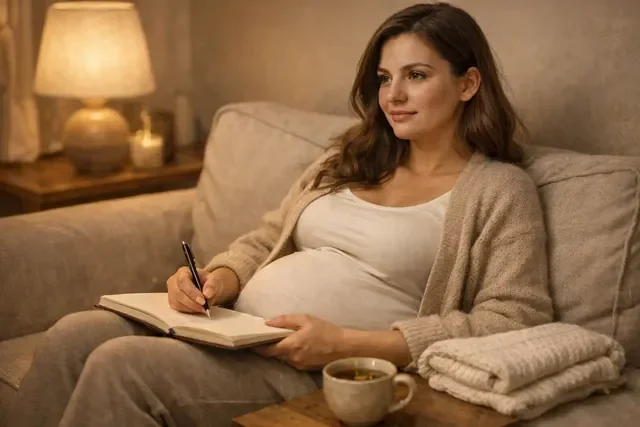 Эмоциональная подготовка к родам: будущая мама с блокнотом, спокойный вечер, мягкий тёплый свет и ощущение поддержки