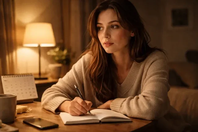 Ожидание ХГЧ после ЭКО: спокойная женщина ведёт дневник и откладывает телефон, мягкий тёплый свет, ощущение контроля