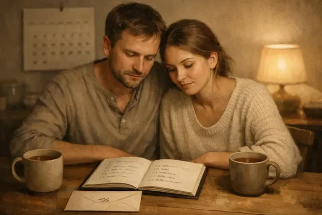 Пауза или продолжать попытки ЭКО: пара обсуждает решение спокойно, план и границы, мягкий нейтральный свет