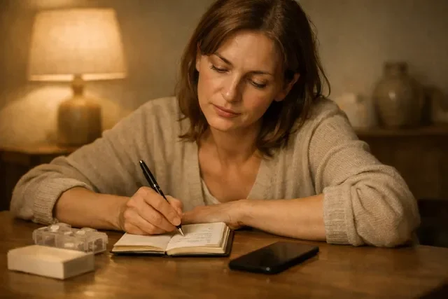 Перфекционизм и контроль в лечении ЭКО: женщина спокойно ведёт план и отпускает телефон, мягкий нейтральный свет