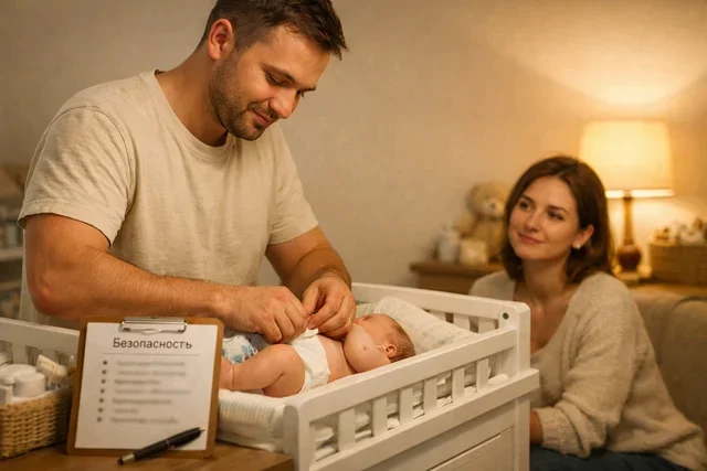 Баланс безопасности без тревожного контроля: мама доверяет, папа уверенно ухаживает за малышом