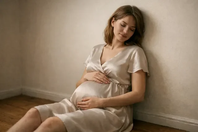 Беременная женщина в спокойной позе у стены, мягкий свет и тишина