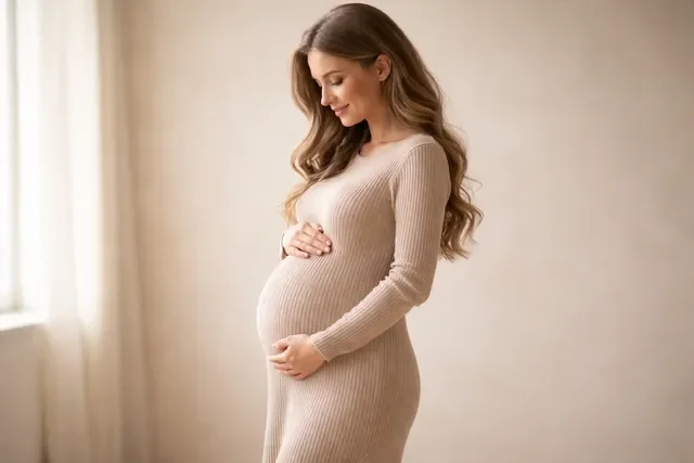 Беременная женщина в бежевом трикотажном платье, мягкий дневной свет