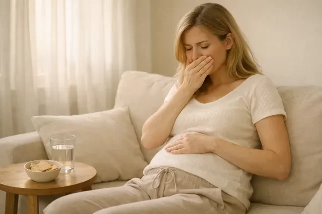 Беременная женщина с тошнотой на раннем сроке в мягких приятных тонах