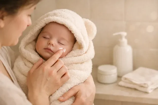 После купания: новорождённый в полотенце, мягкий уход за кожей