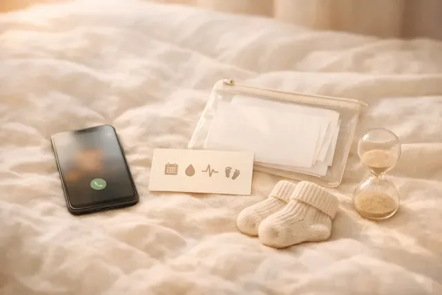 Photo-Cinematic realism, 640x480. Warm soft pastel palette (ivory, warm beige, blush, soft peach), calm reassuring mood, no people. Minimal still-life on a soft linen bedspread: an unbranded smartphone lying face-up with a blurred call screen and a single generic phone icon (no readable text), a small paper card with four icon-only symbols (calendar, water drop, contraction wave, baby footprint) as simple shapes without text, a clean transparent zip pouch with blank medical papers (no writing), a pair of neutral knit socks for a baby, and a small hourglass. Gentle window light, shallow depth of field, soft bokeh, subtle bloom, mild film grain, ultra-photoreal fabric and paper textures. No logos, no watermarks, no readable text.
