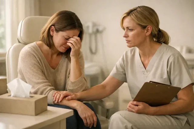 Женщина плачет в кабинете врача, доктор спокойно поддерживает