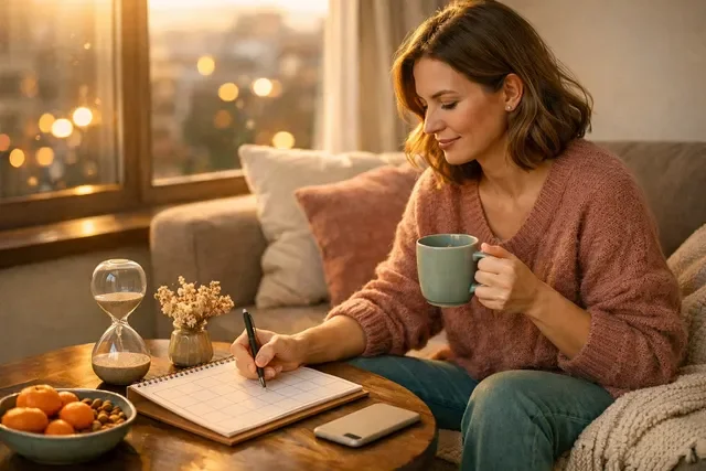 Женщина 35–40 отмечает изменения цикла в календаре, уютная домашняя сцена