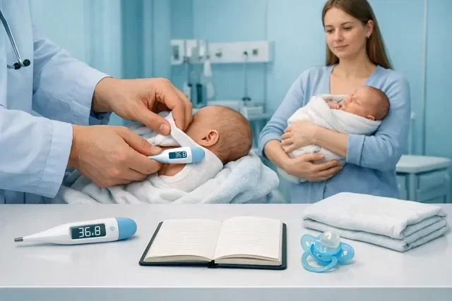 Новорождённый и измерение температуры под мышкой крупным планом, всё в фокусе