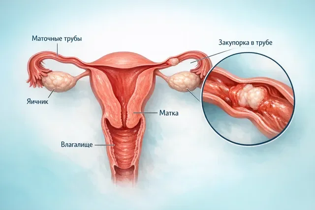 Схема матки и маточных труб с обозначением закупорки, подписи на русском