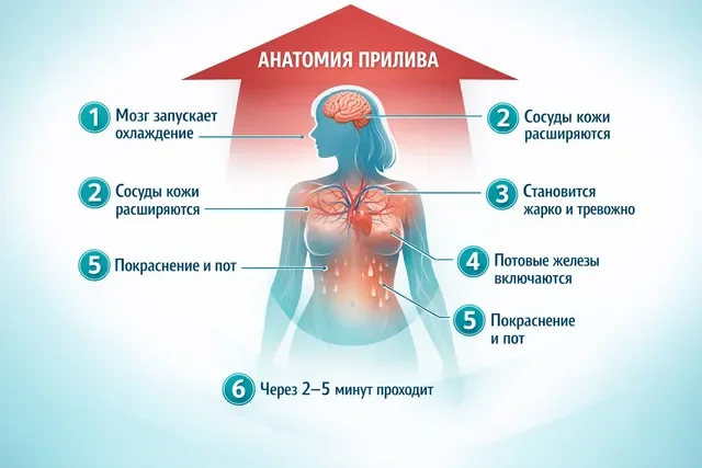 Инфографика Прилив жара: что происходит в организме, подписи на русском