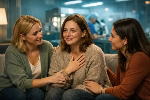 Три женщины поддерживают друг друга в зоне ожидания клиники ЭКО на фоне криолаборатории