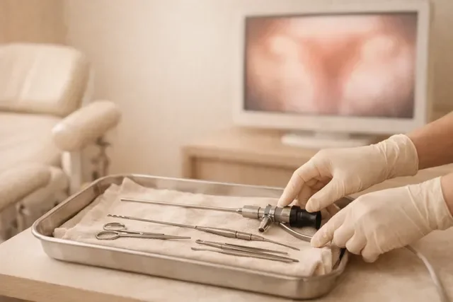 Офисная и операционная гистероскопия: инструменты и экран в мягких тонах