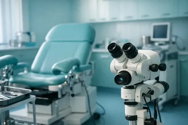 Расширенная кольпоскопия в гинекологическом кабинете на фоне стерильной клиники