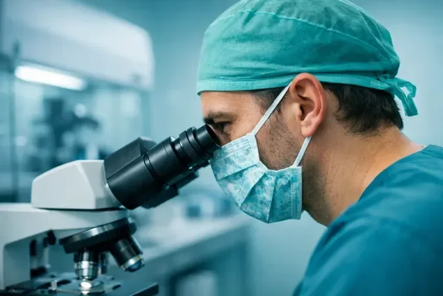 Эмбриолог в маске у микроскопа в лаборатории ЭКО