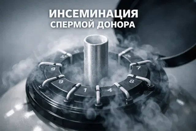 Криоконтейнер с паром жидкого азота и надписью Инсеминация спермой донора