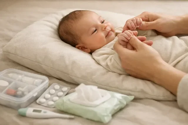 Аптечка для новорождённого в первый месяц: аккуратно разложенные базовые средства ухода