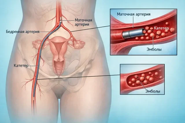 Схема эмболизации маточных артерий: катетер через бедренную артерию, подписи на русском