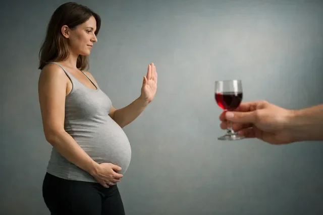 Беременная женщина во весь рост показывает жест стоп, ей предлагают бокал вина, нейтральный фон