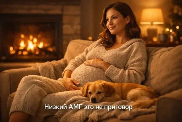 Беременная женщина сидит на диване у камина в уютной гостиной, рядом лежит собака, тёплый домашний свет и спокойная атмосфера, на изображении надпись «Низкий АМГ это не приговор»