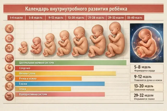 Календарь внутриутробного развития ребёнка по неделям с цветными шкалами и подписью на русском