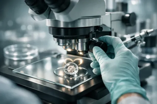 ЭКО-лаборатория в глубоких оттенках бирюзы и фиолета: микроскоп и капля с бластоцистой