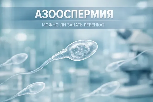 Обложка темы про азооспермию: сперматозоиды на светлом фоне и короткая надпись