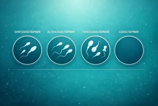 Инфографика с видами нарушений сперматогенеза: олигозооспермия, астенозооспермия, тератозооспермия и азооспермия