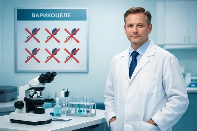 Врач-андролог у стола с микроскопом и схемой: сперматозоиды перечёркнуты красным, медицинская тема варикоцеле
